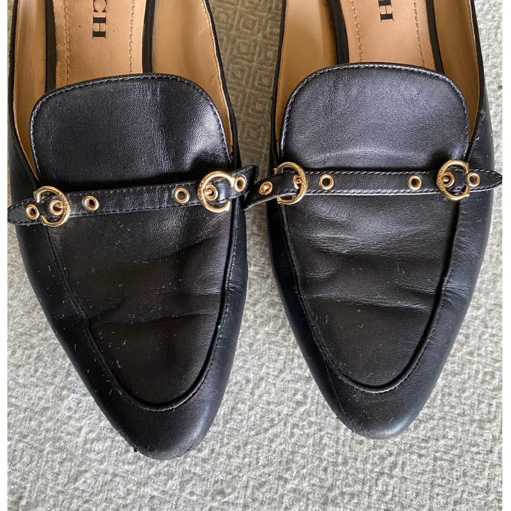 Coach Mule Loafers Womens 8 Black Leather Pointed Toe Grommet Strap Slip On Flat